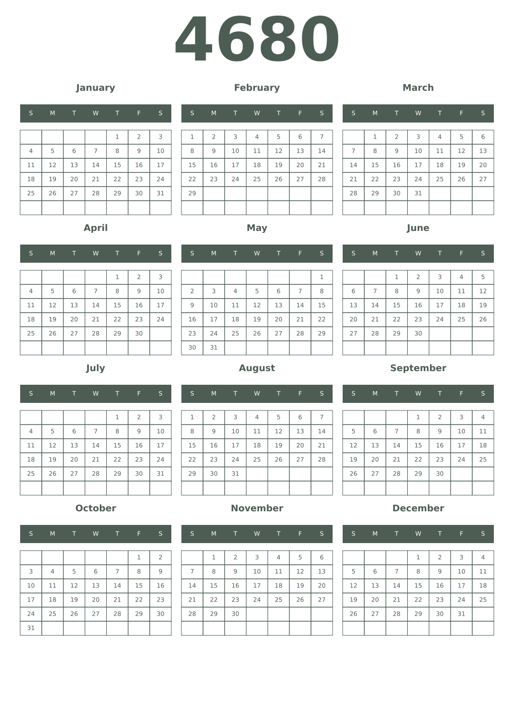 Printable 4680 Year Calendars feldgrau