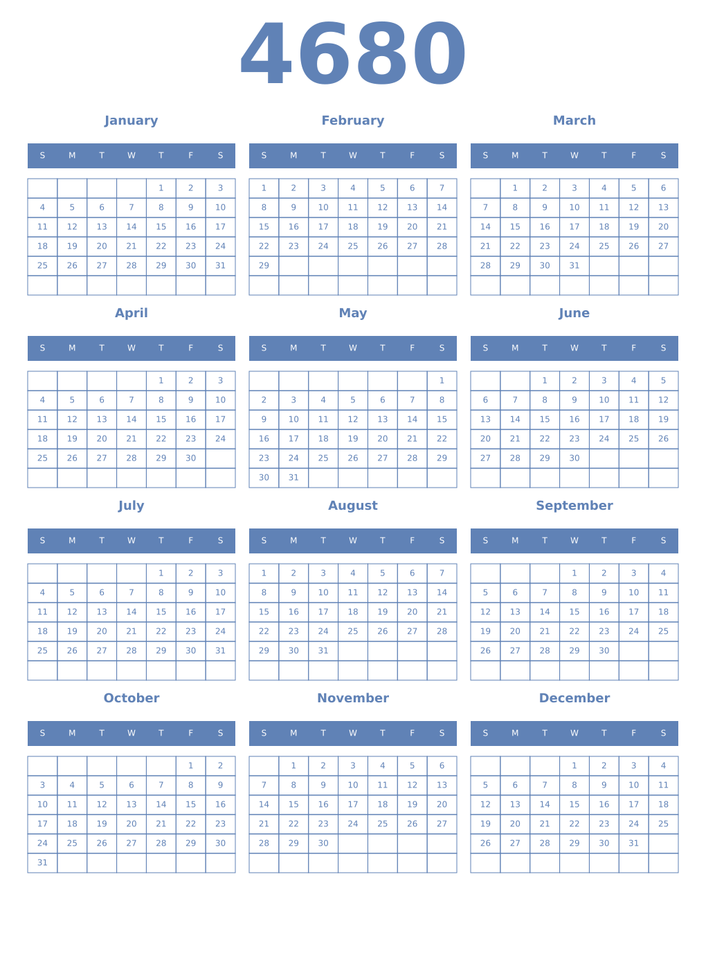 Printable 4680 Year Calendars glaucous