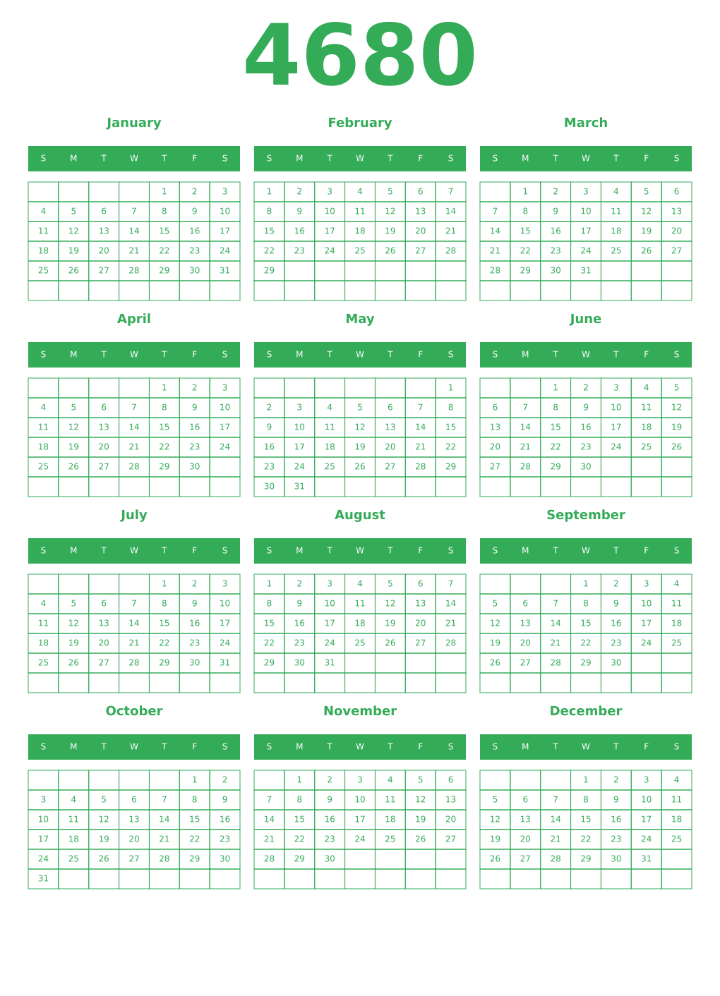 Printable 4680 Year Calendars green