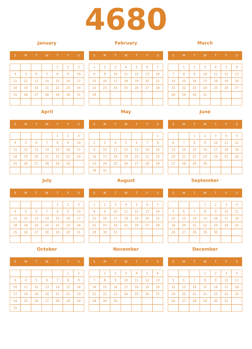Printable 4680 Year Calendars orange