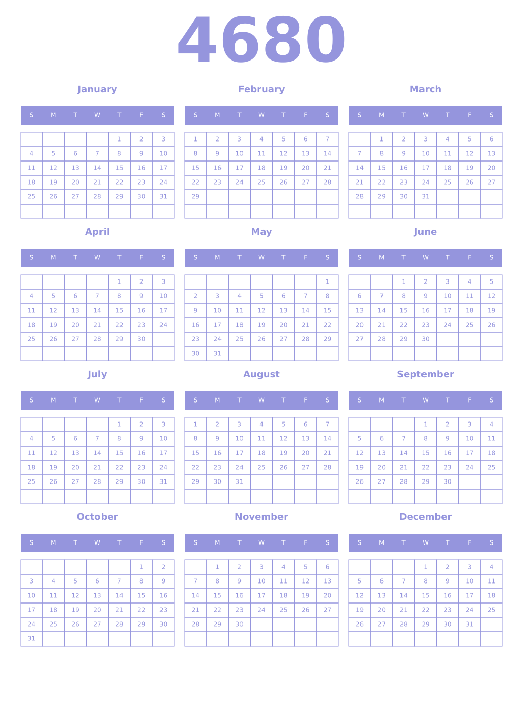 Printable 4680 Year Calendars periwinkle
