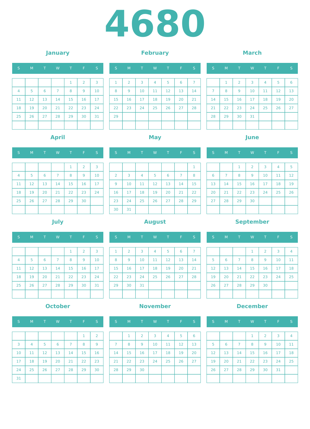 Printable 4680 Year Calendars verdigris