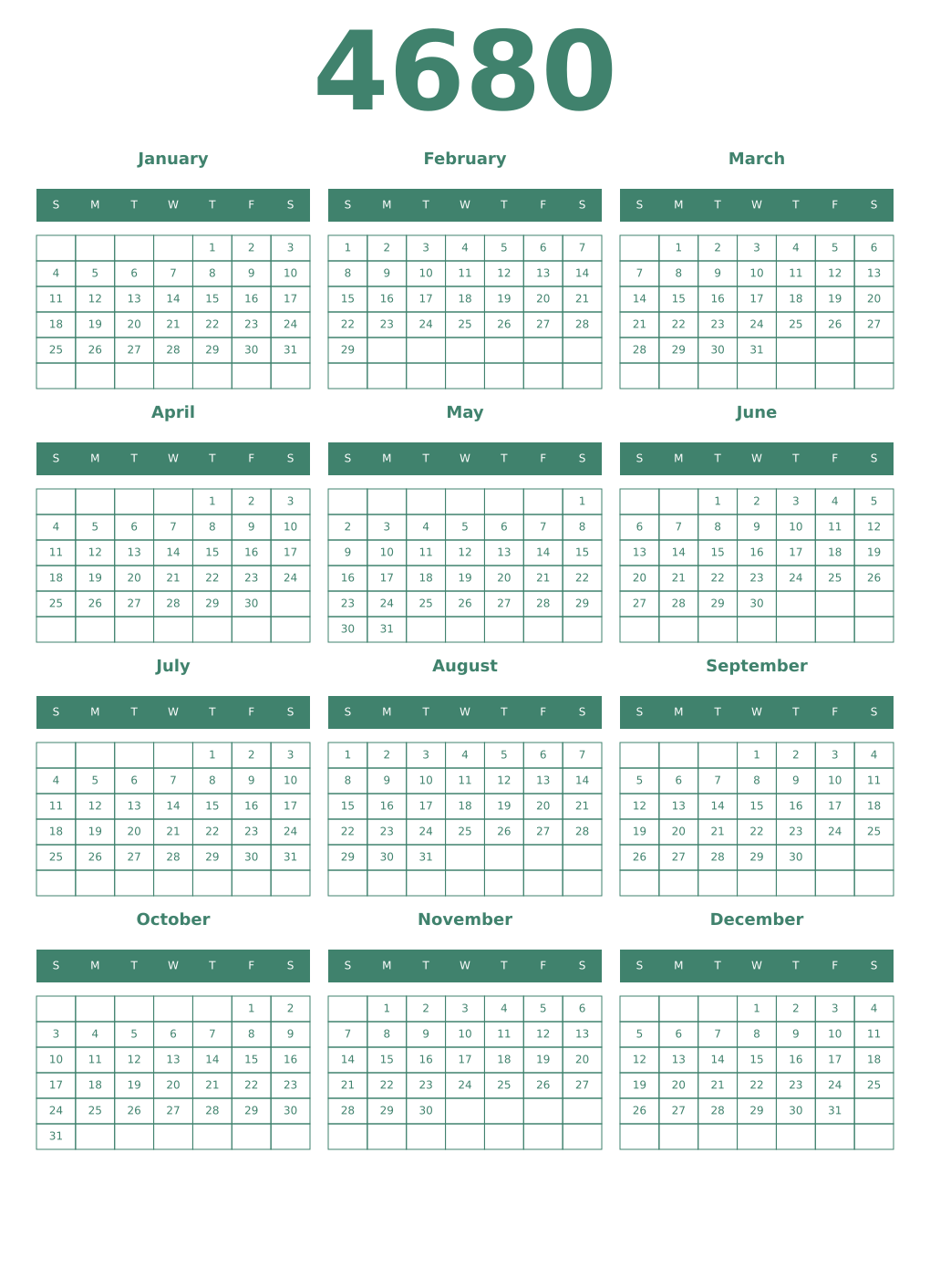 Printable 4680 Year Calendars viridian