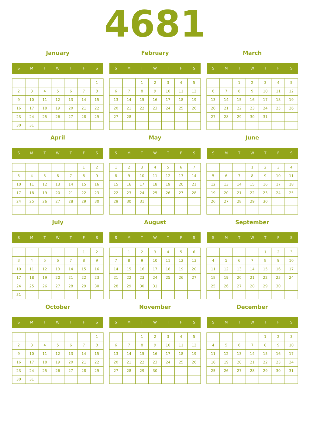 Printable 4681 Year Calendars chartreuse