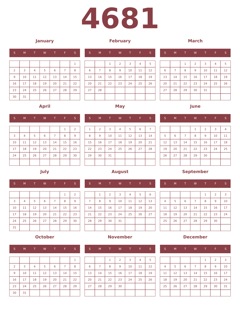 Printable 4681 Year Calendars cordovan