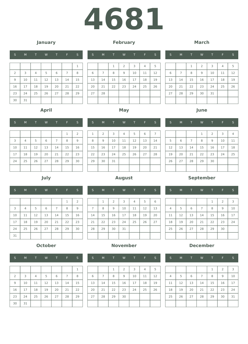 Printable 4681 Year Calendars feldgrau