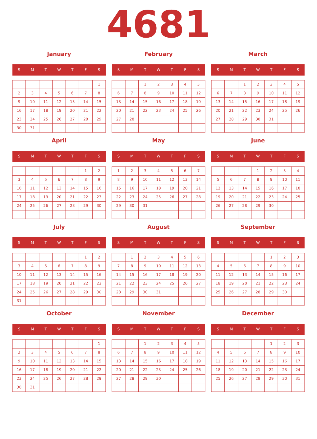 Printable 4681 Year Calendars red