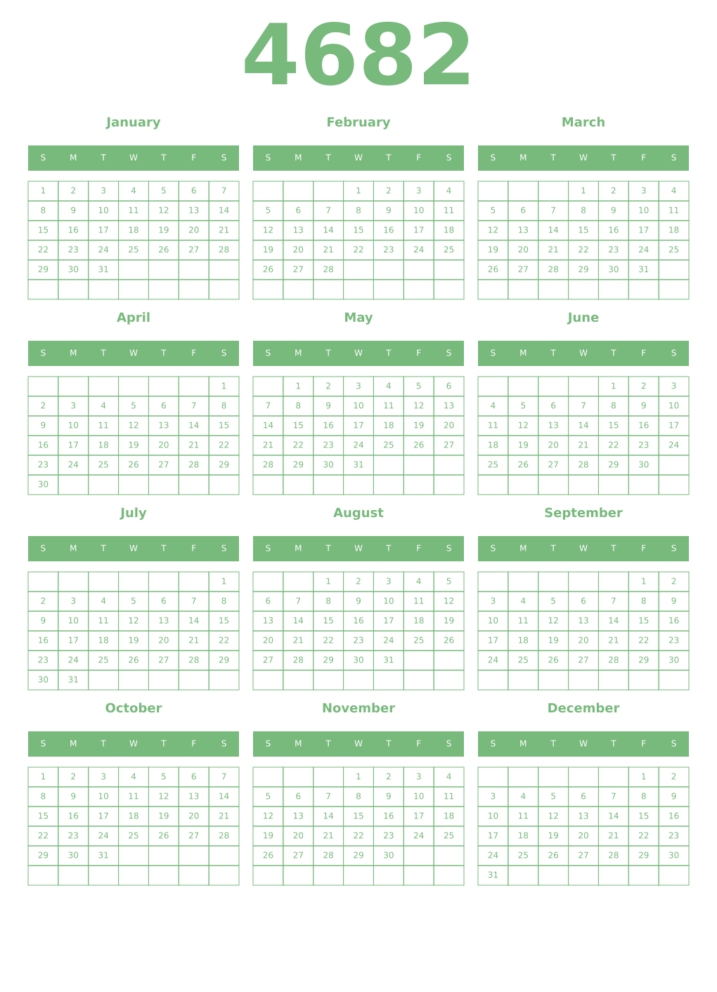 Printable 4682 Year Calendars celadon
