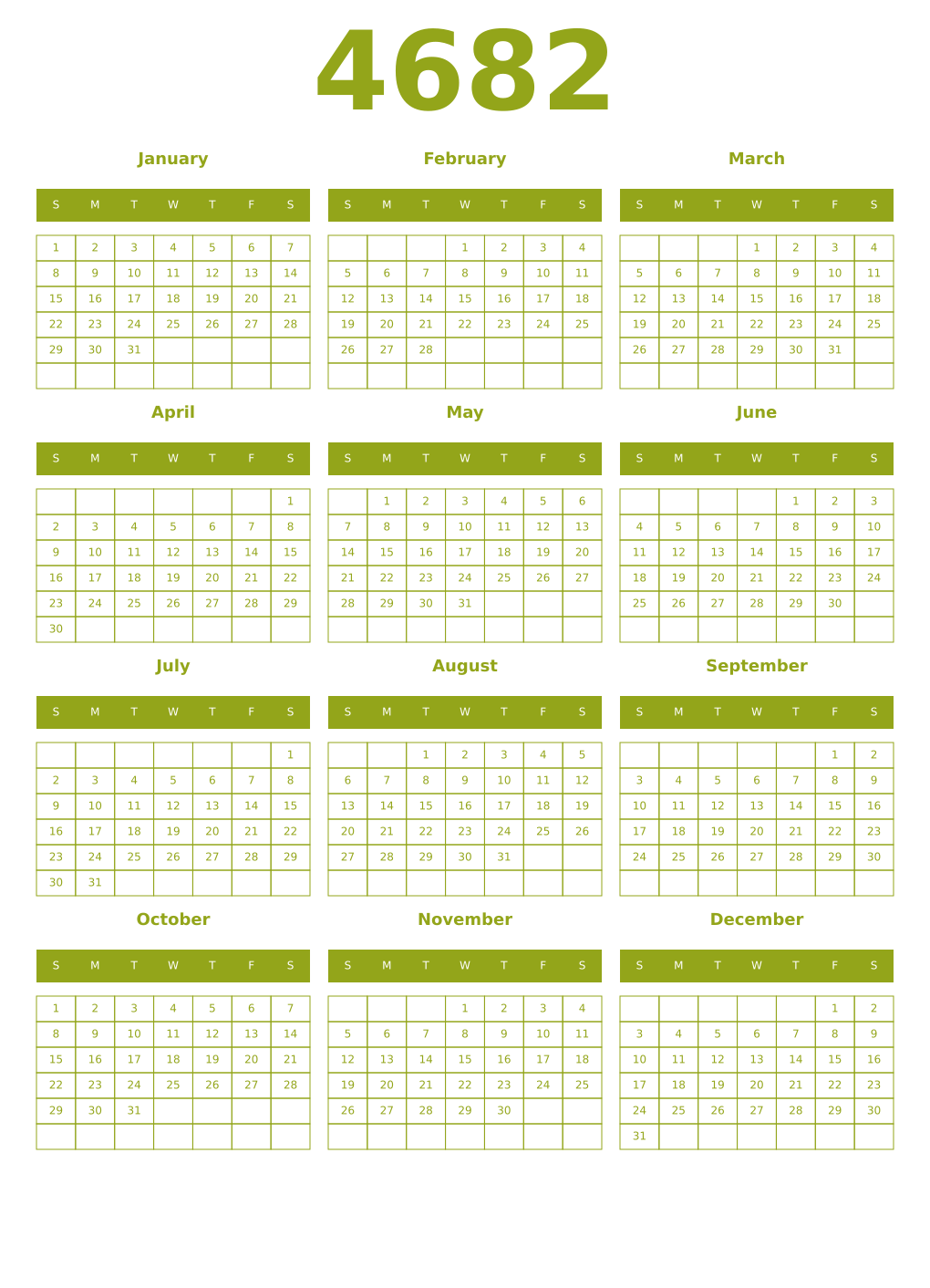 Printable 4682 Year Calendars chartreuse