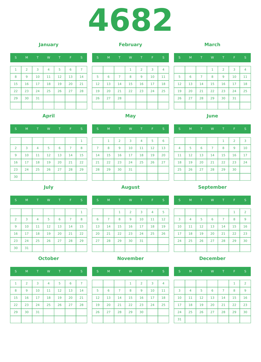 Printable 4682 Year Calendars green