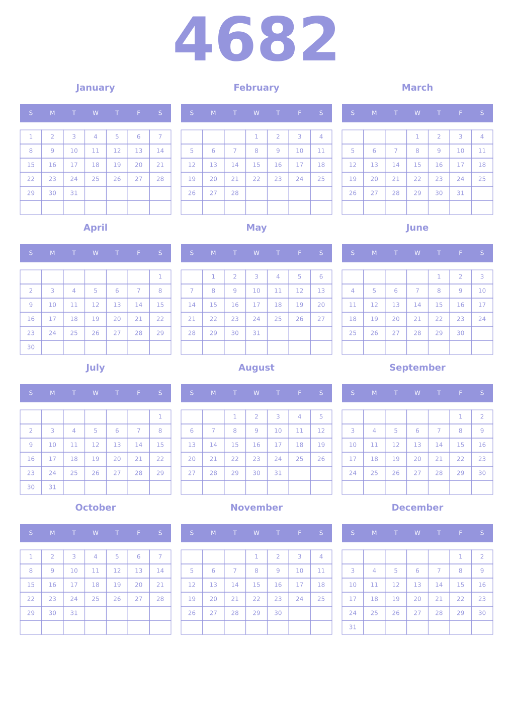 Printable 4682 Year Calendars periwinkle