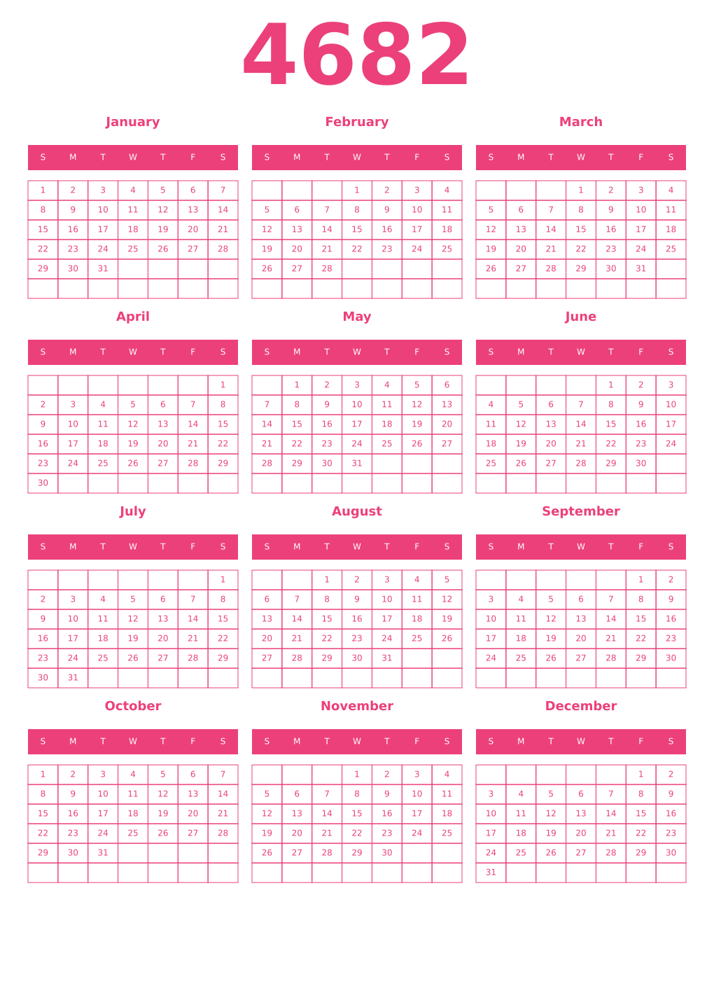 Printable 4682 Year Calendars pink