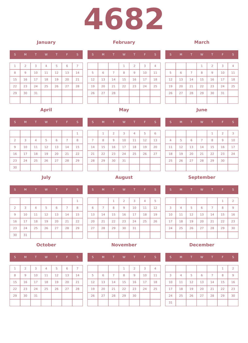Printable 4682 Year Calendars puce