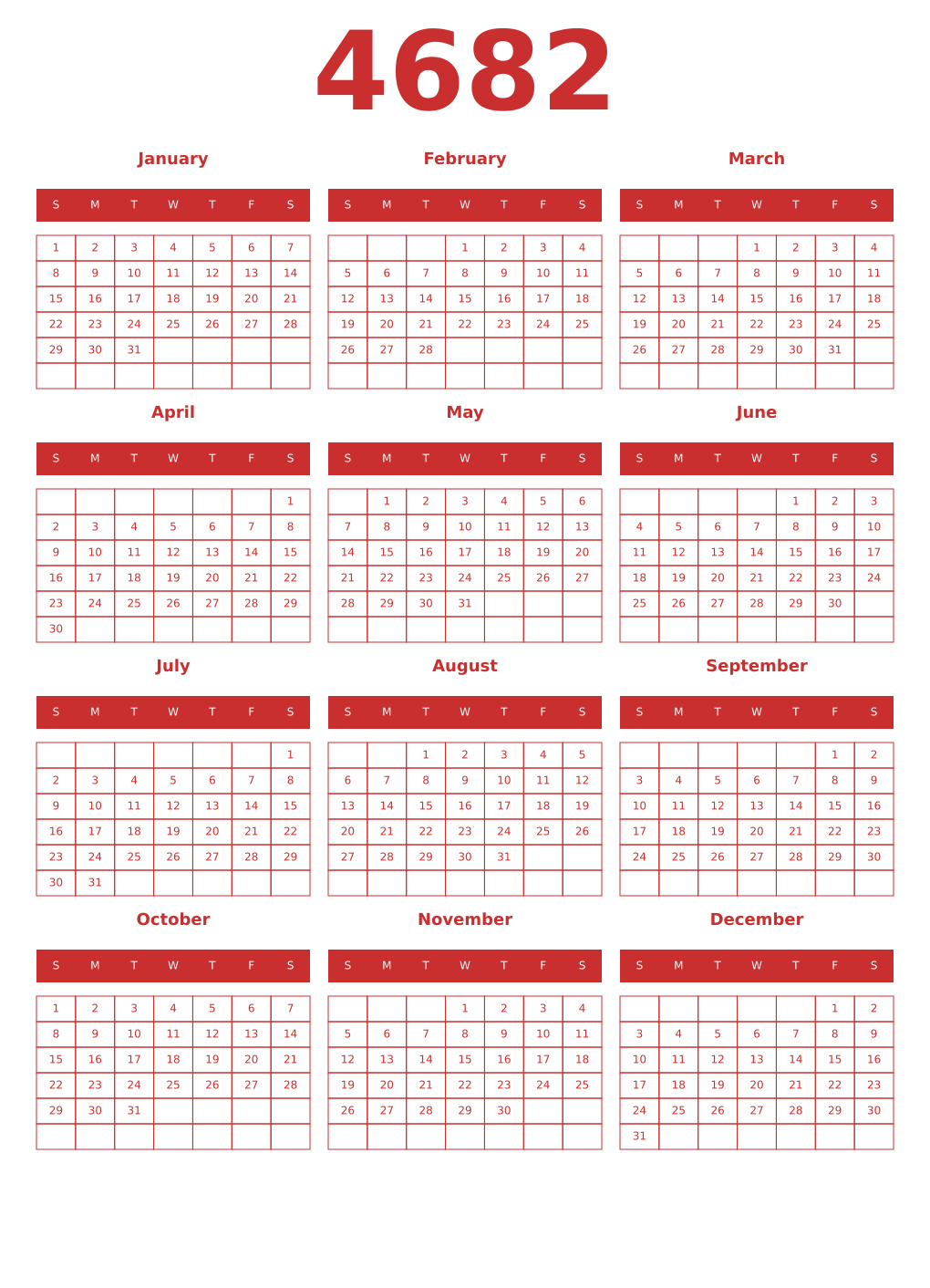 Printable 4682 Year Calendars red