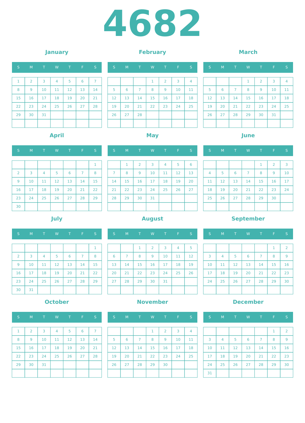 Printable 4682 Year Calendars verdigris