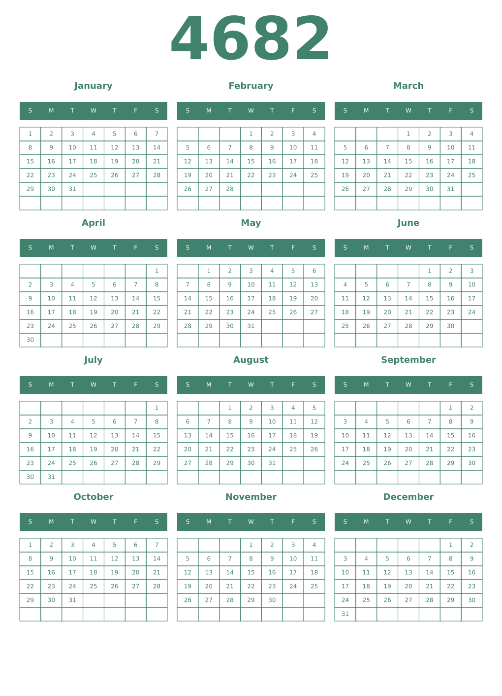 Printable 4682 Year Calendars viridian