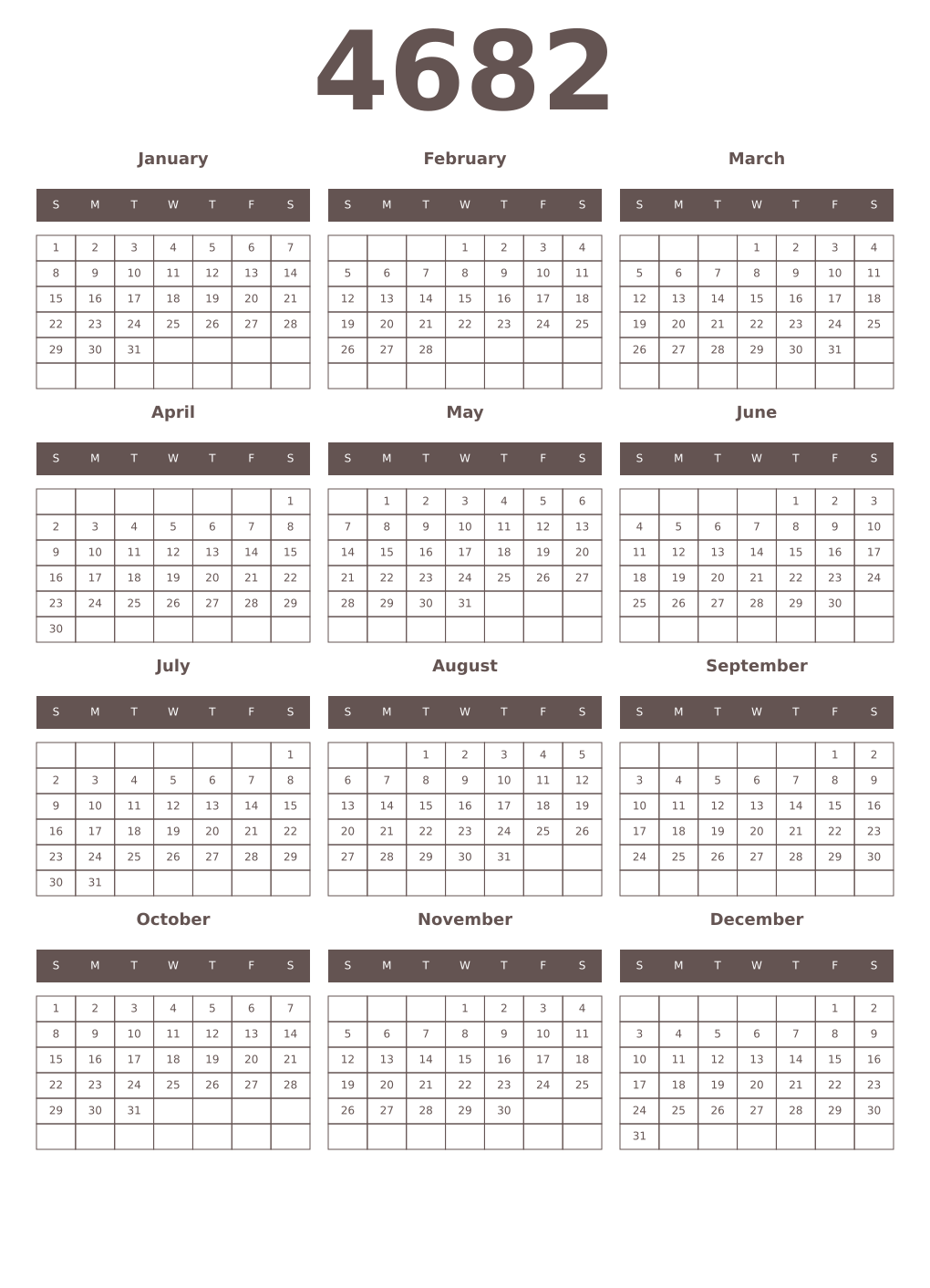 Printable 4682 Year Calendars wenge