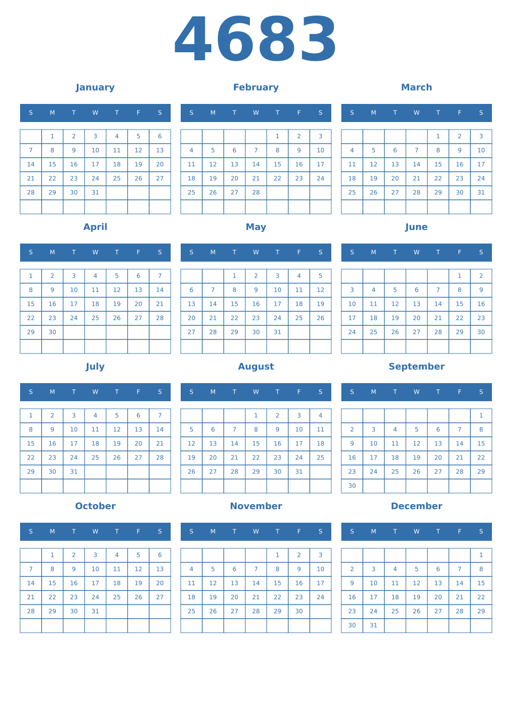 Printable 4683 Year Calendars blue