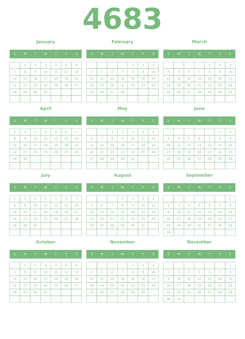 Printable 4683 Year Calendars celadon