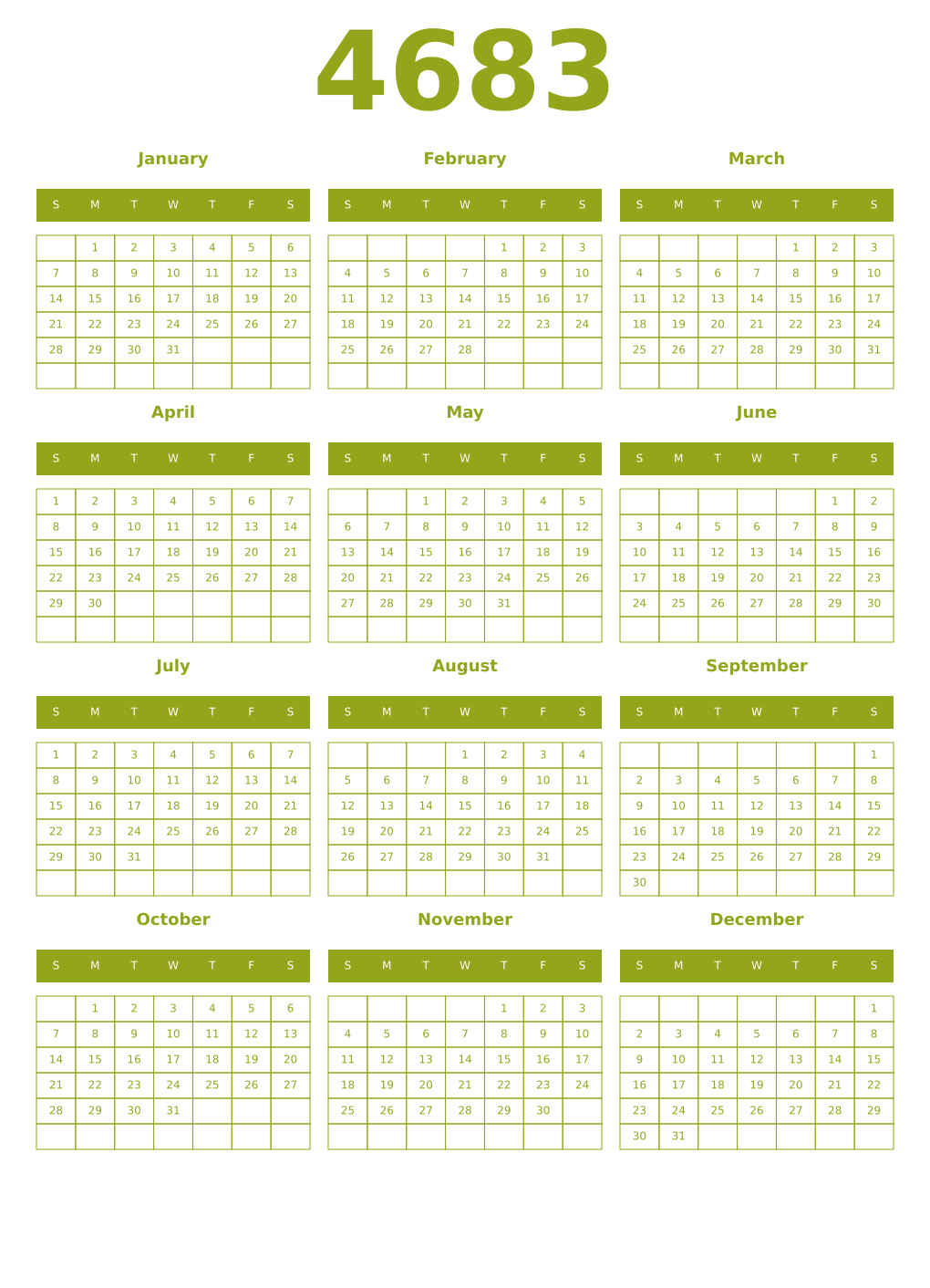 Printable 4683 Year Calendars chartreuse