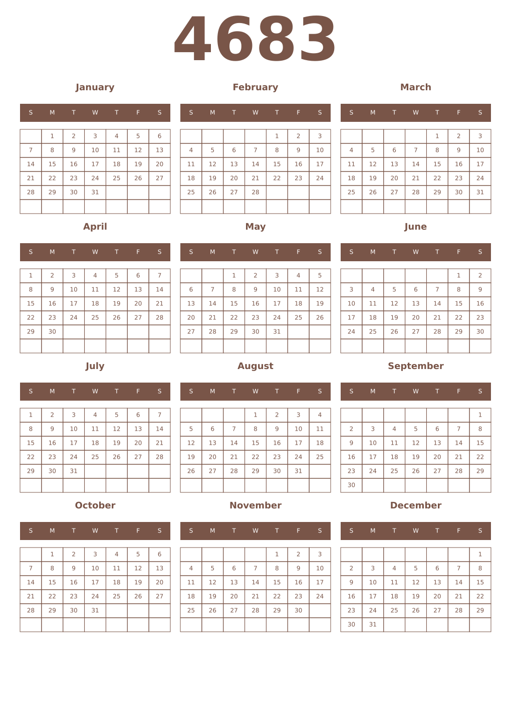 Printable 4683 Year Calendars coffe