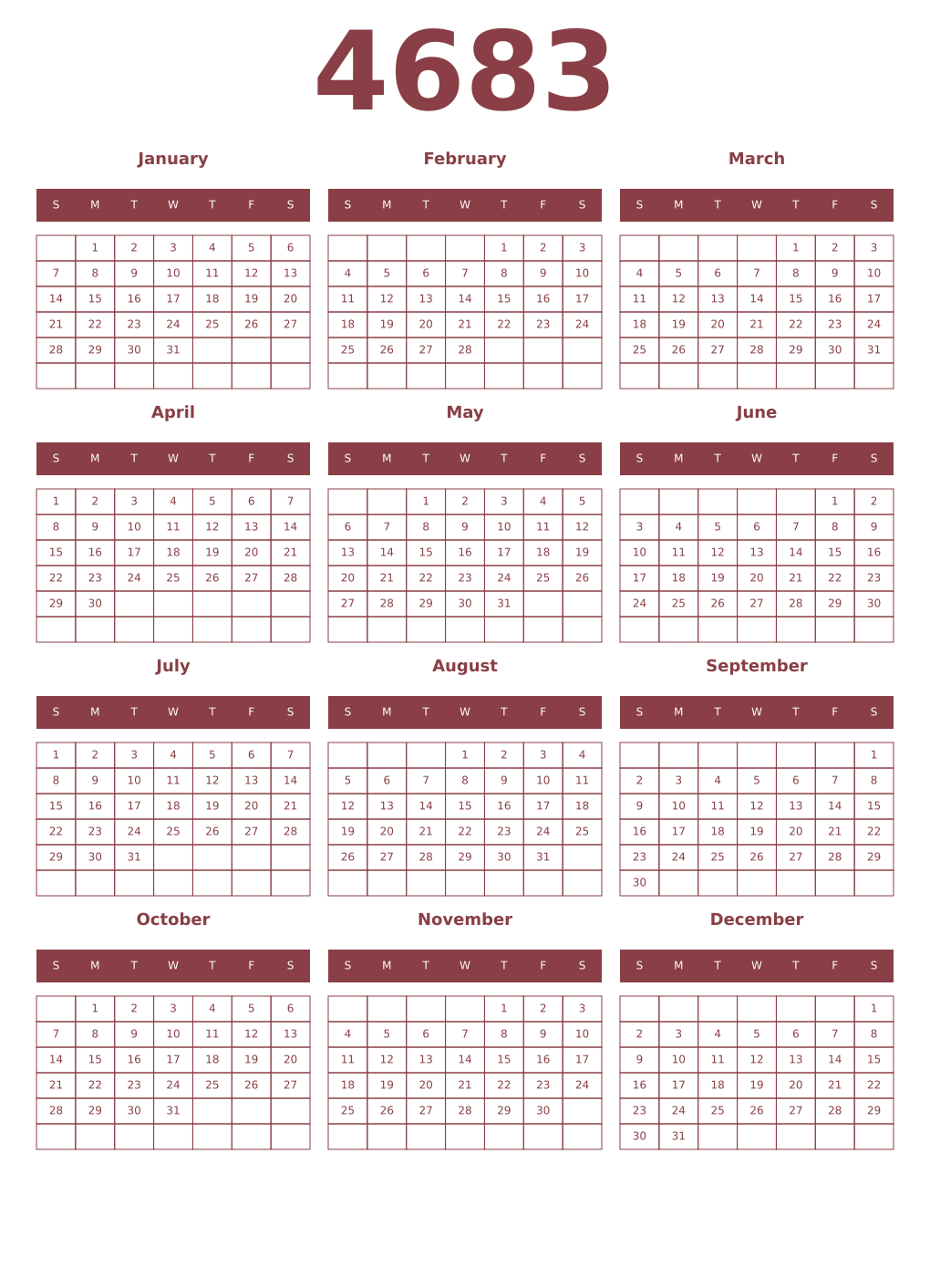 Printable 4683 Year Calendars cordovan