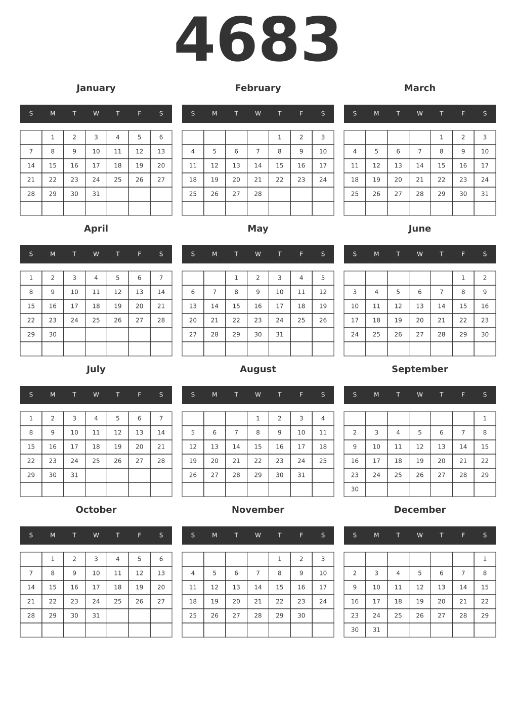 Printable 4683 Year Calendars dark