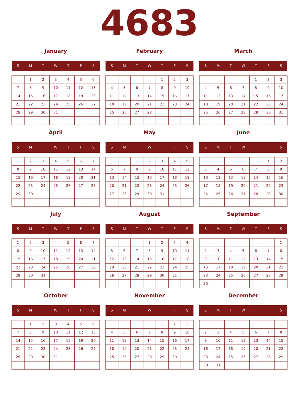 Printable 4683 Year Calendars falu
