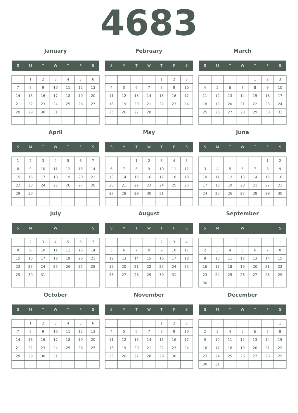 Printable 4683 Year Calendars feldgrau