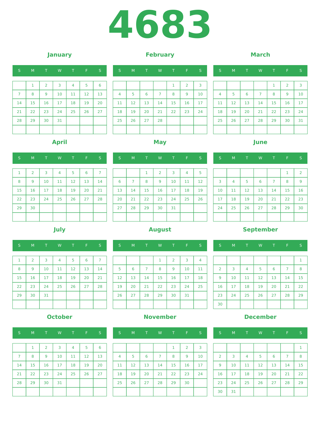 Printable 4683 Year Calendars green