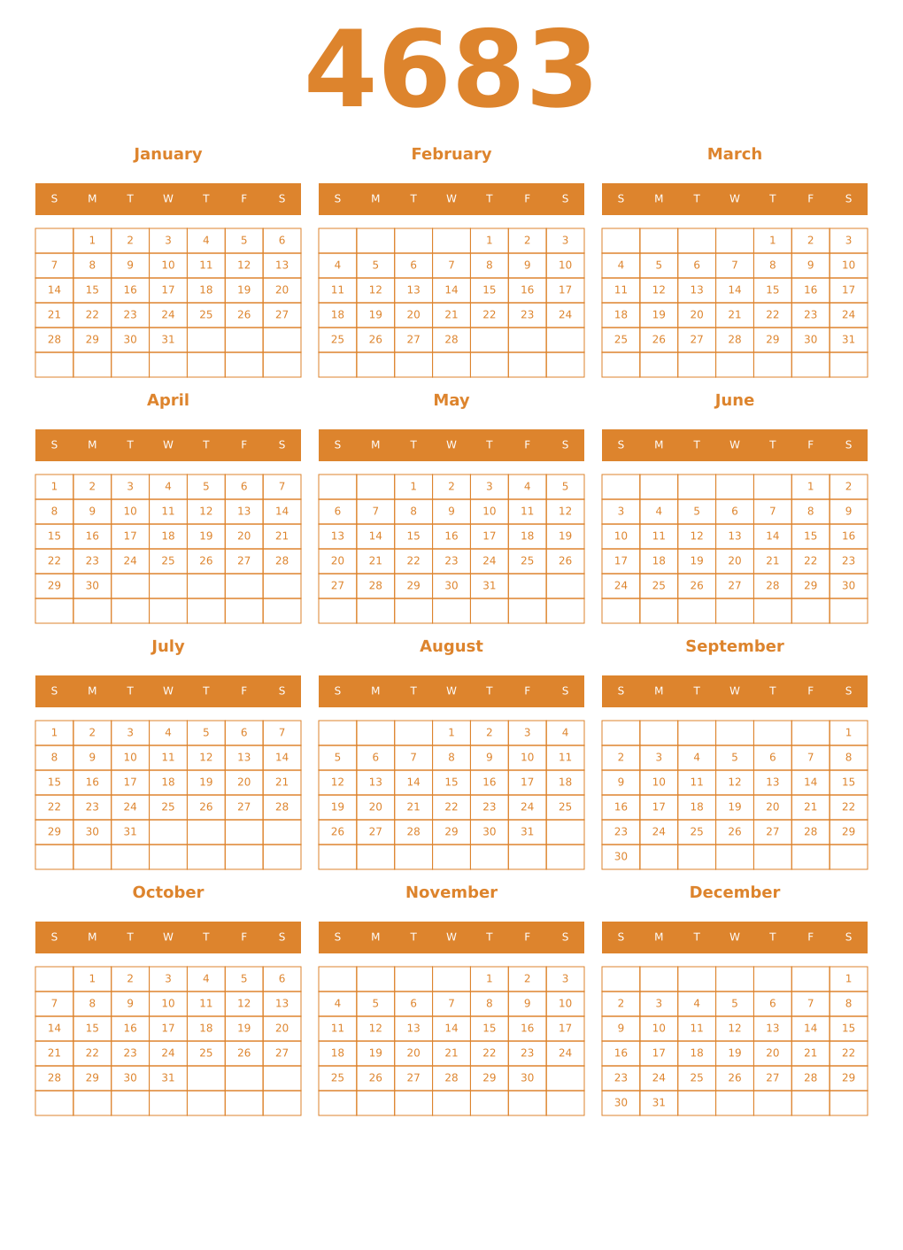 Printable 4683 Year Calendars orange