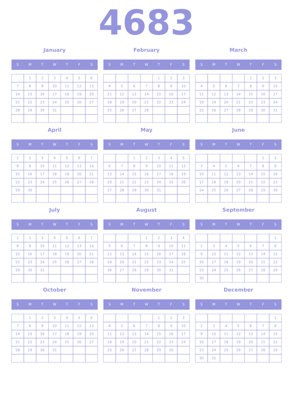 Printable 4683 Year Calendars periwinkle
