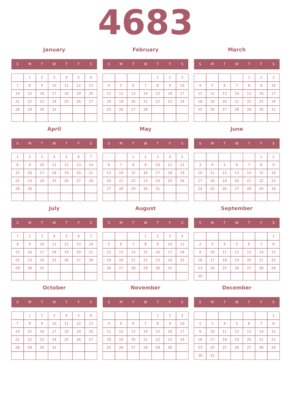 Printable 4683 Year Calendars puce