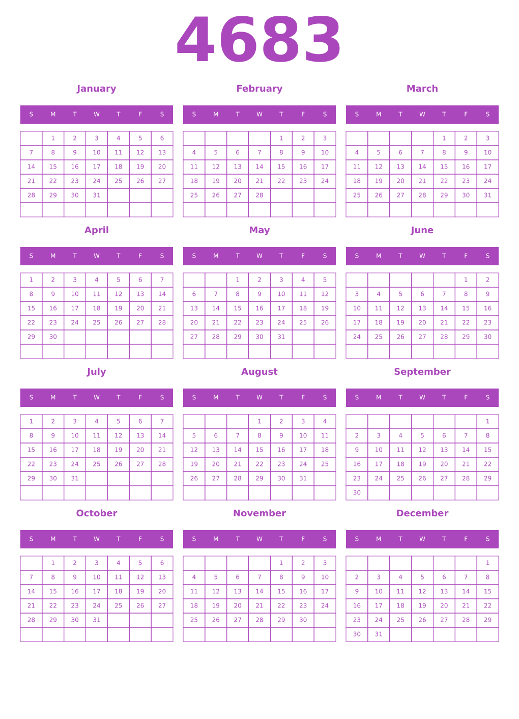 Printable 4683 Year Calendars purple