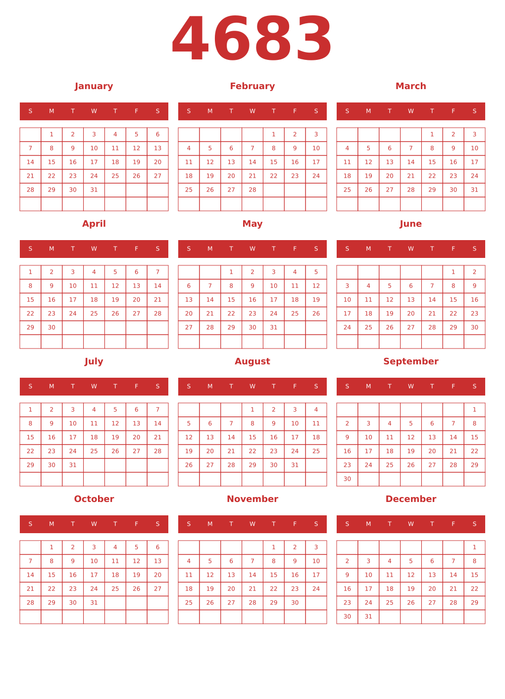 Printable 4683 Year Calendars red