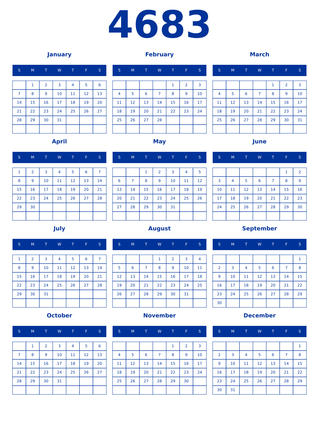 Printable 4683 Year Calendars smalt