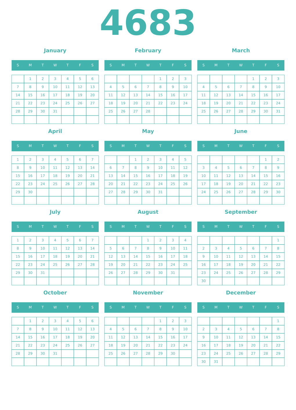 Printable 4683 Year Calendars verdigris