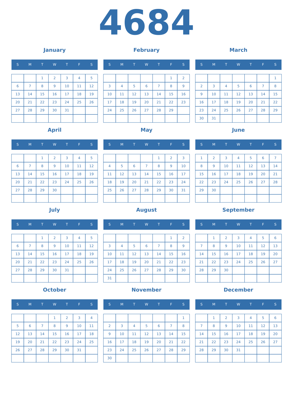 Printable 4684 Year Calendars blue