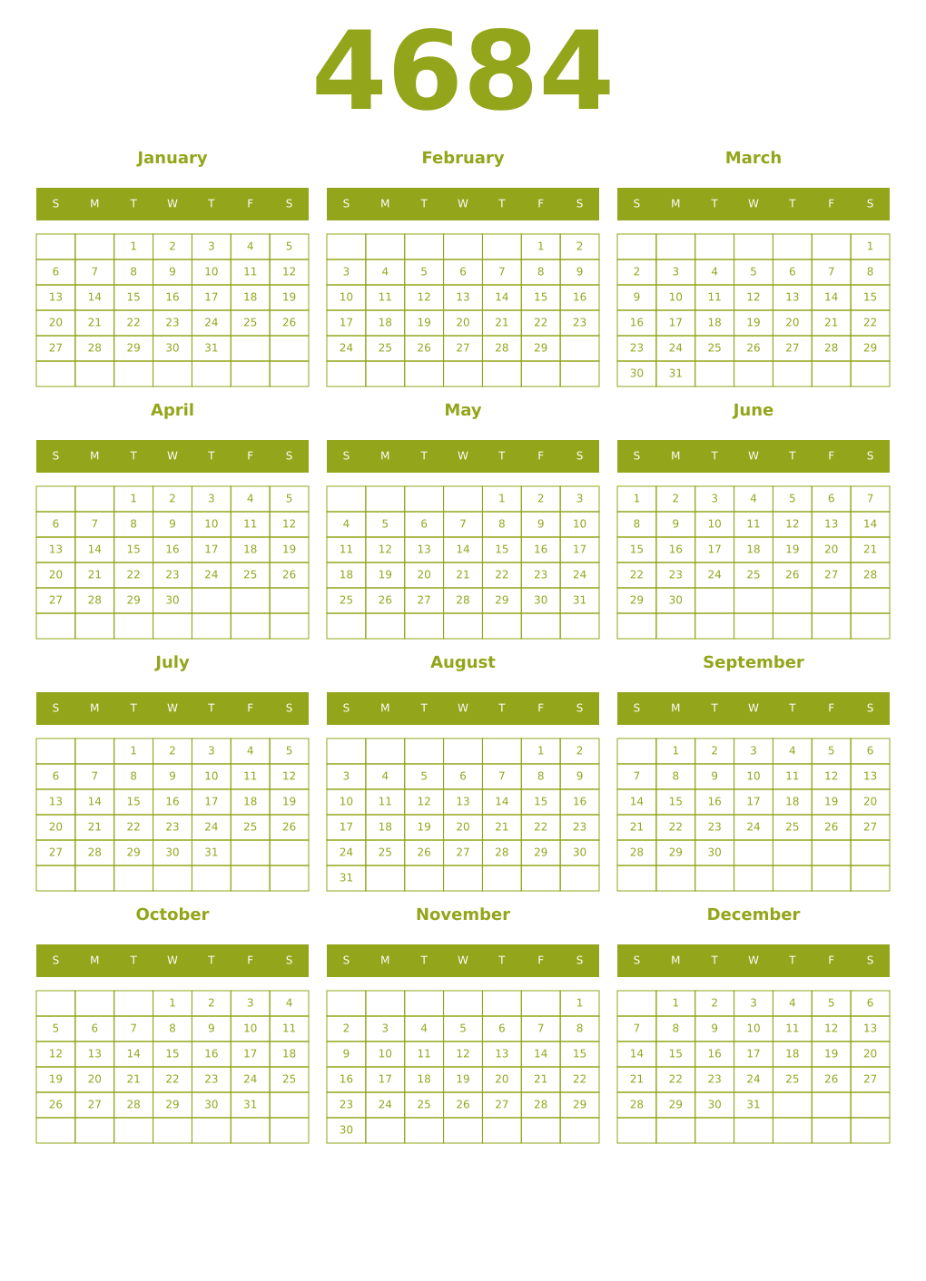 Printable 4684 Year Calendars chartreuse