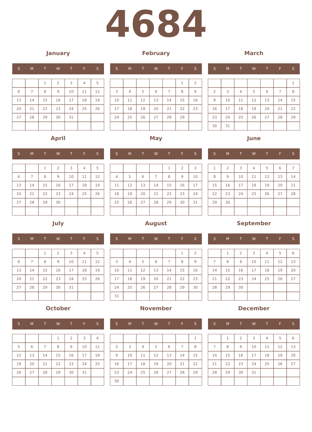 Printable 4684 Year Calendars coffe