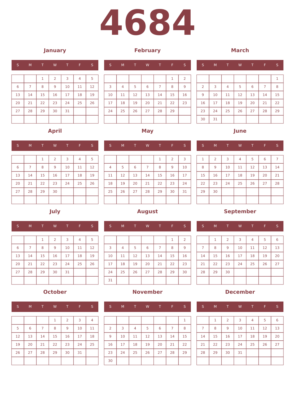 Printable 4684 Year Calendars cordovan