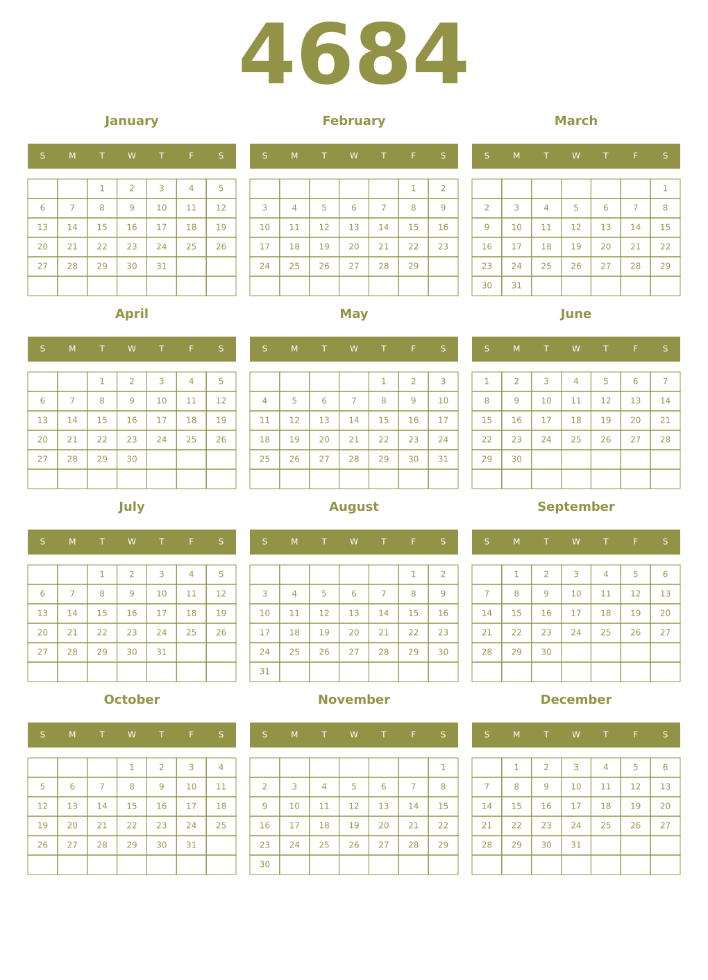 Printable 4684 Year Calendars eburnean