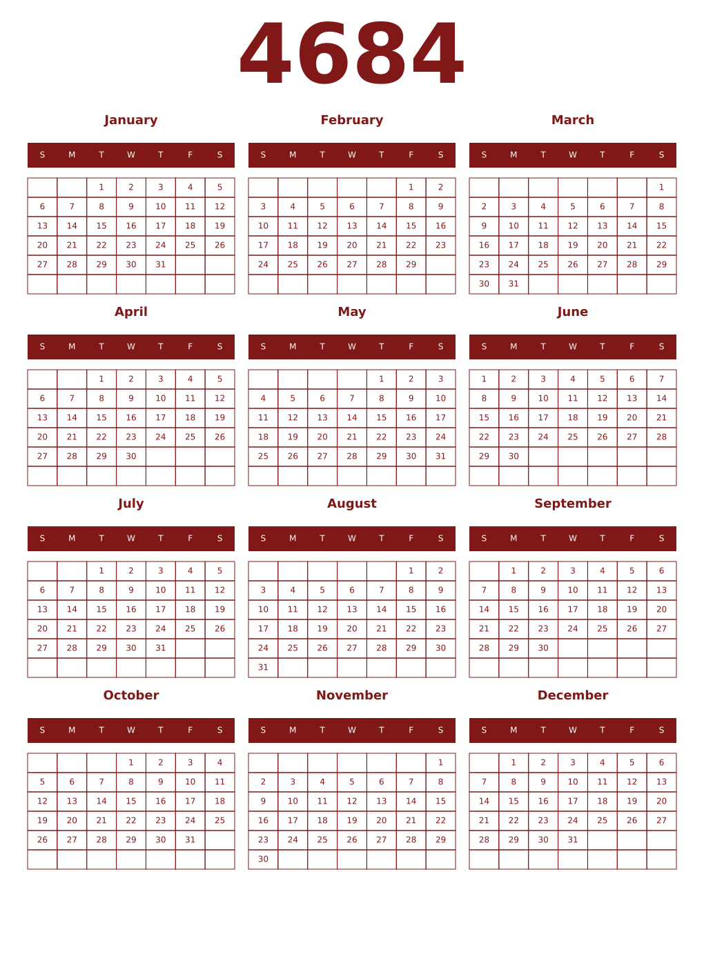 Printable 4684 Year Calendars falu