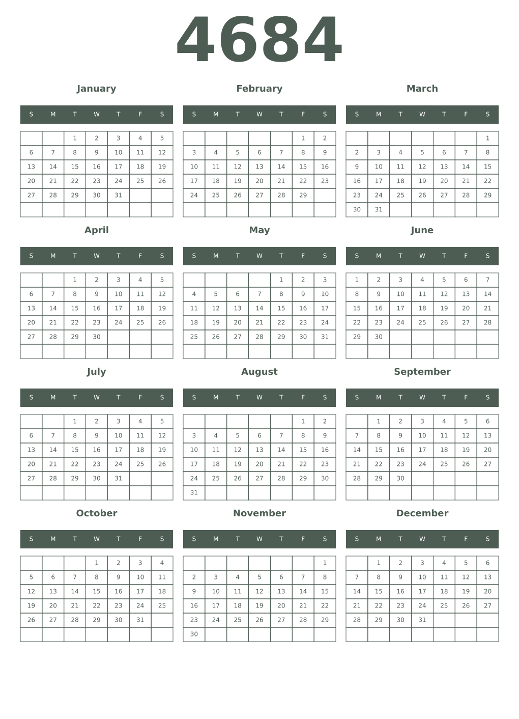 Printable 4684 Year Calendars feldgrau