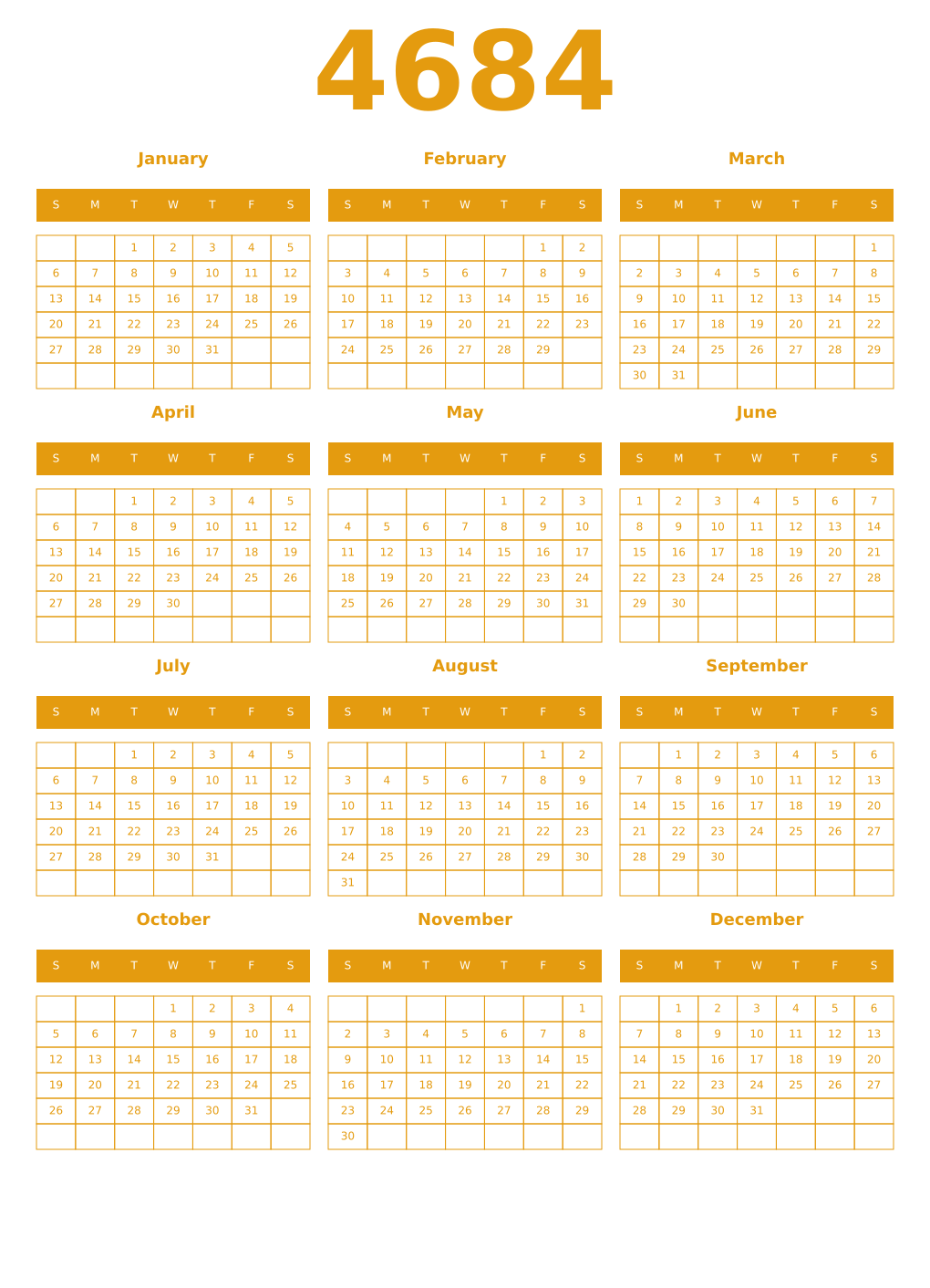 Printable 4684 Year Calendars gamboge