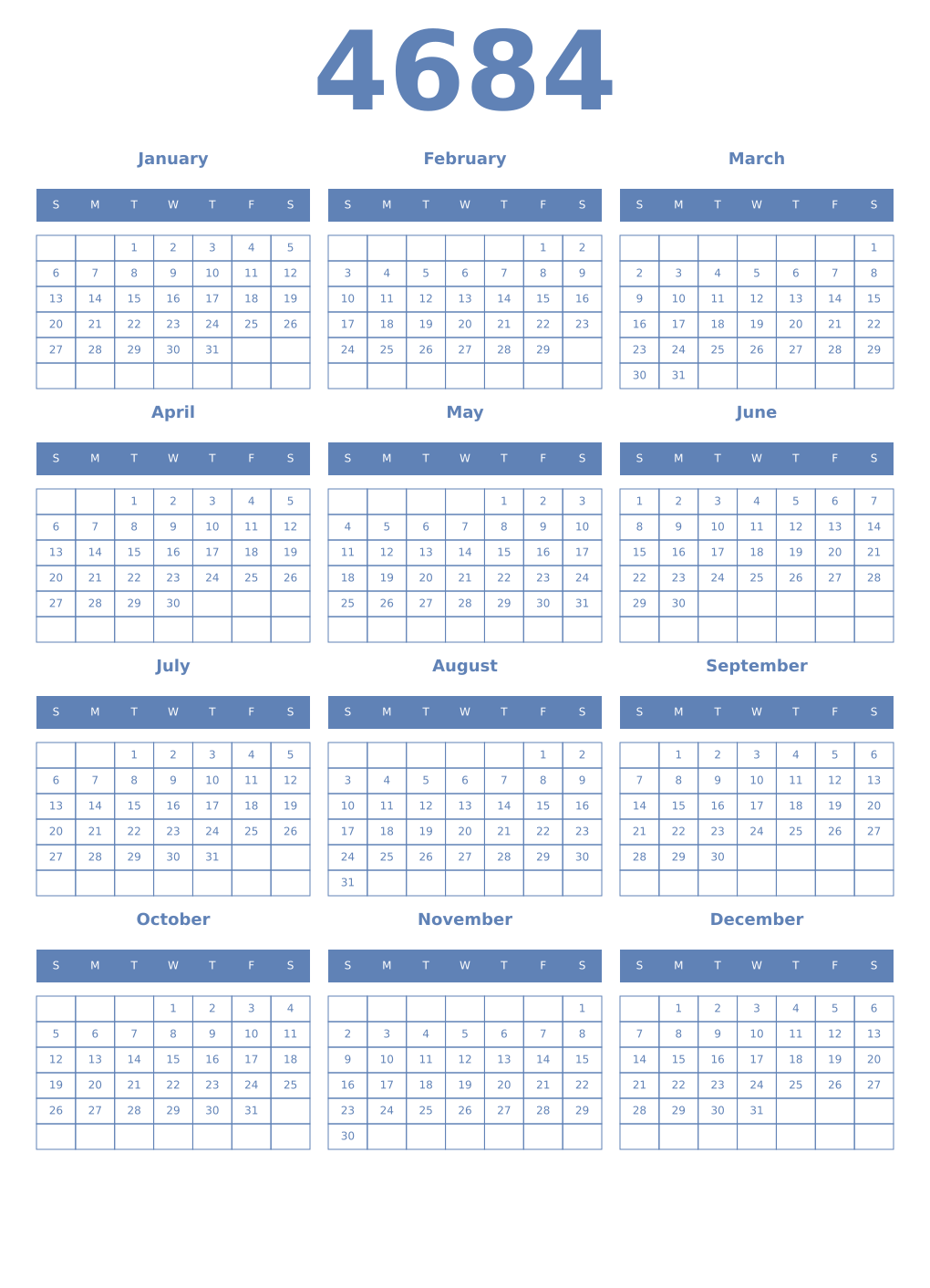Printable 4684 Year Calendars glaucous