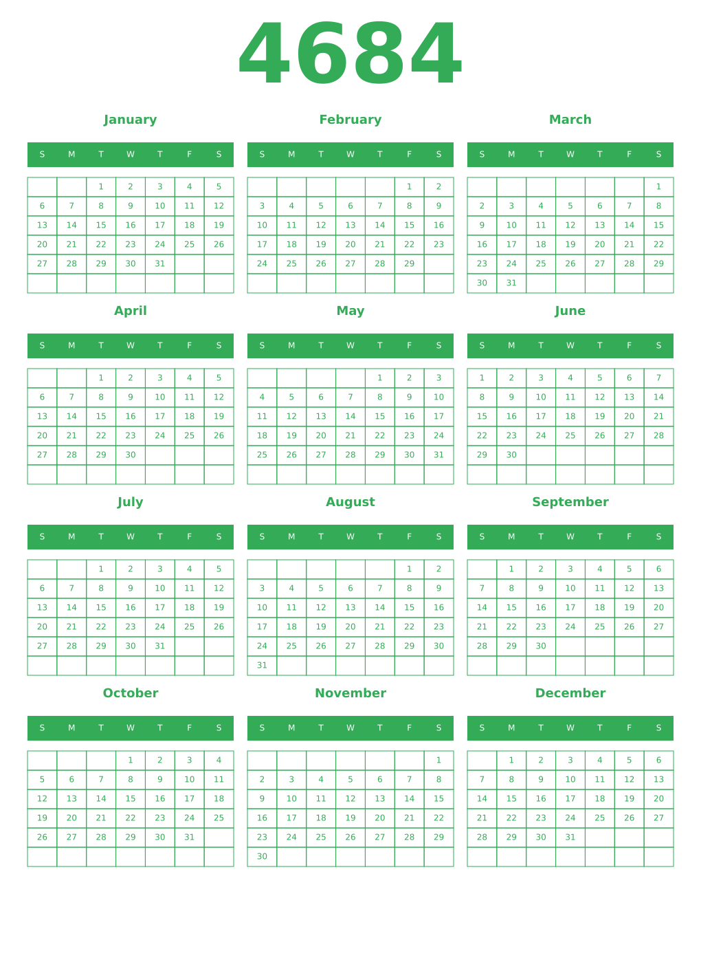 Printable 4684 Year Calendars green