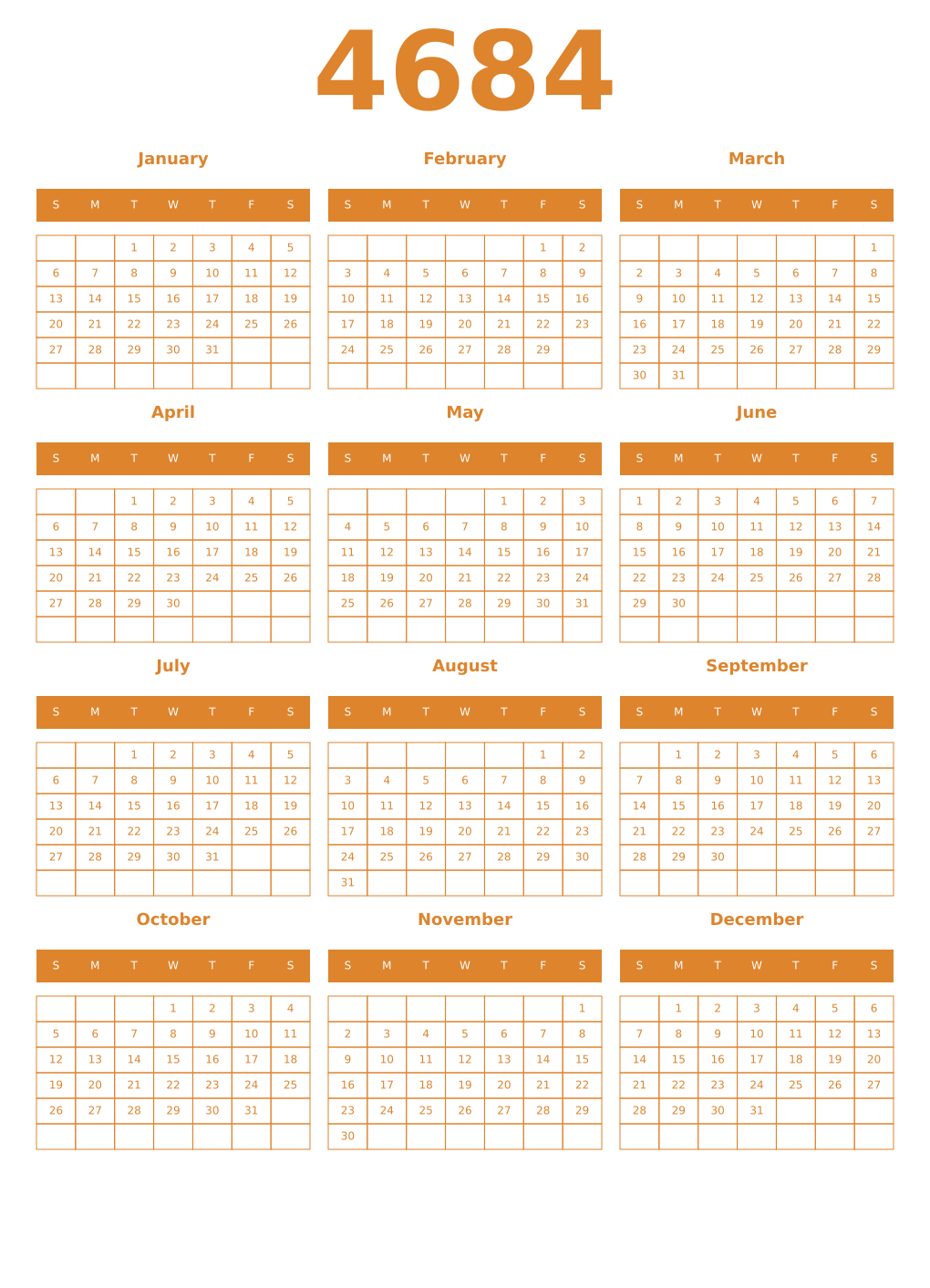 Printable 4684 Year Calendars orange