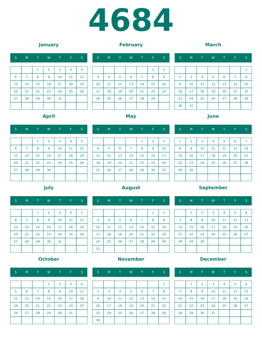 Printable 4684 Year Calendars pastel
