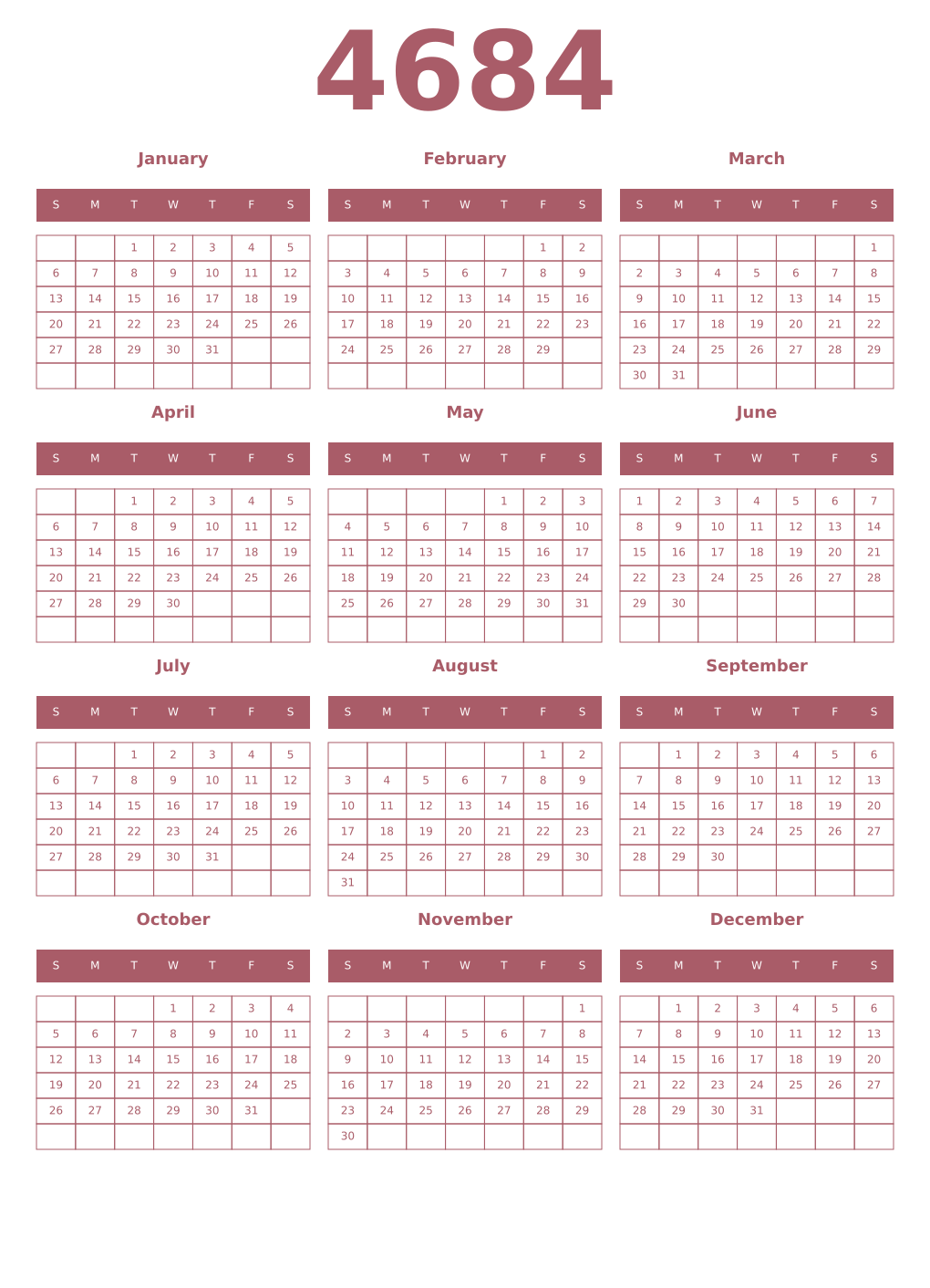 Printable 4684 Year Calendars puce